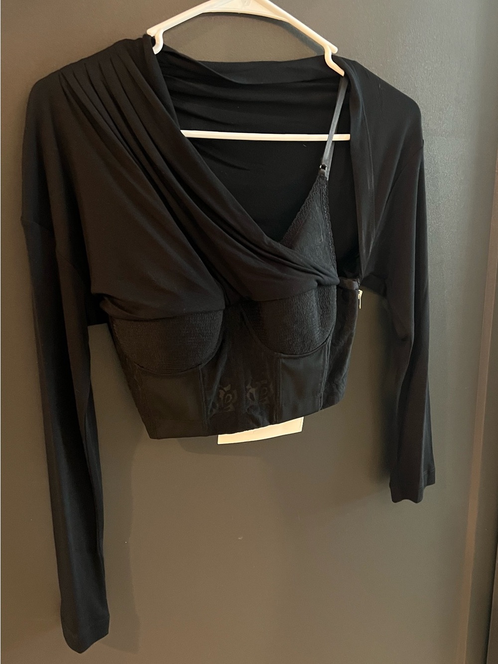 Alexander Wang Black Draped Long-Sleeve Cropped Bustier Top